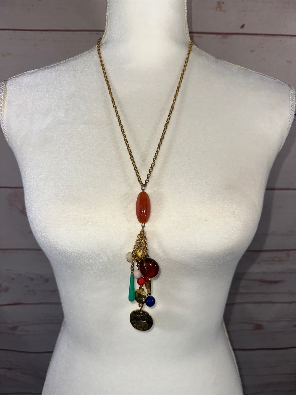 Boho Multi-Charm Pendant Necklace - Gold Chain with Red and Turquoise Accents